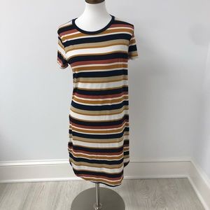 A blue,white,brown striped long dress